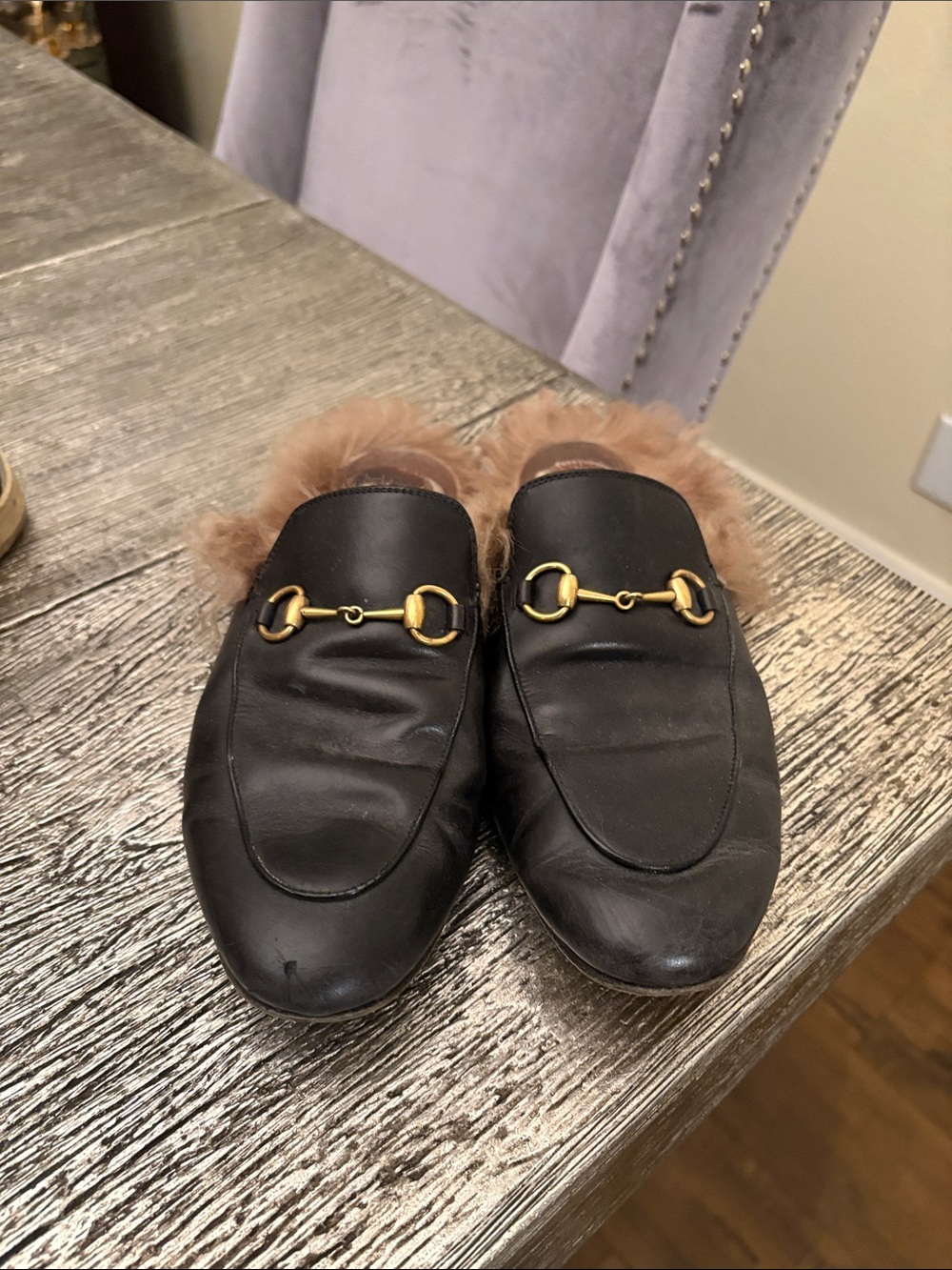 Gucci Black Leather Fur-Lined Horsebit Mules with Gold Hardware
